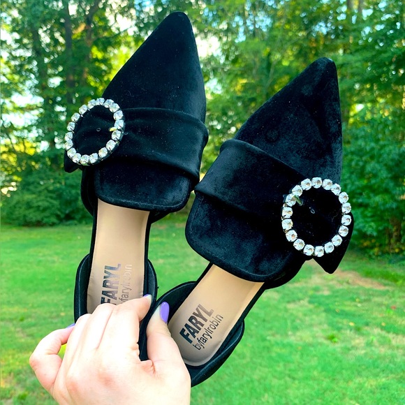 Farylrobin Shoes - Velvet Pointed Rhinestone Ring Slip-On Loafers